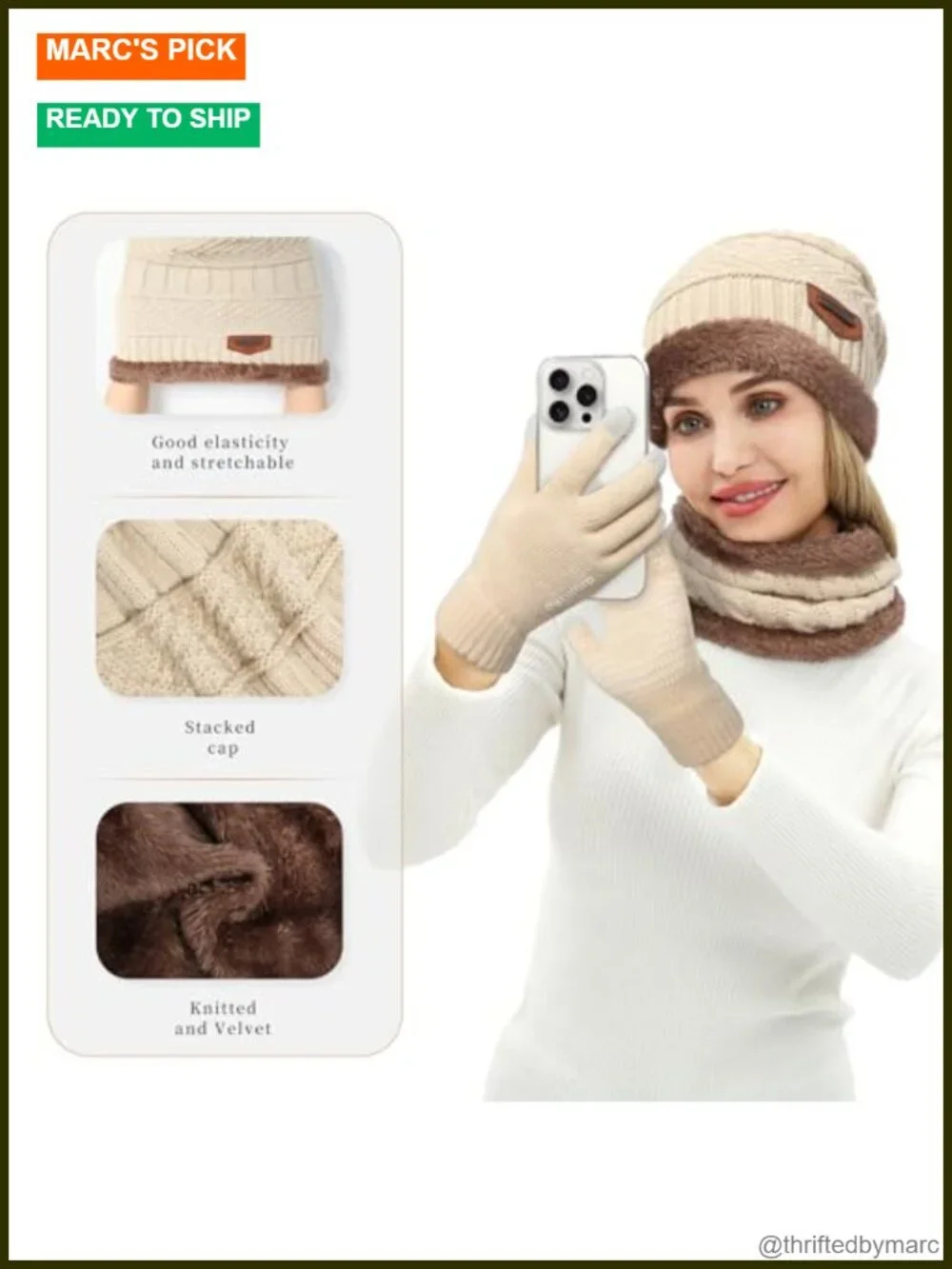 Winter Beanie Hat with Scarf and Touchscreen Gloves Set 3-Piece Fleece Lined
